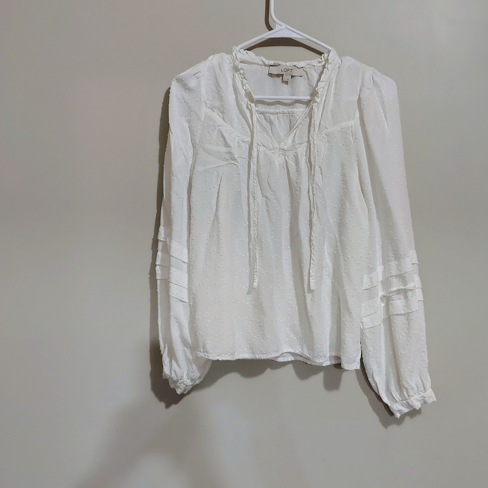 LOFT White Textured Tie-Neck Blouse